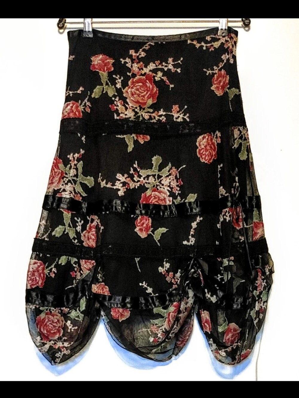 Black Floral Bubble Hem Whimsygoth Cottagecore Skirt with Vintage Roses